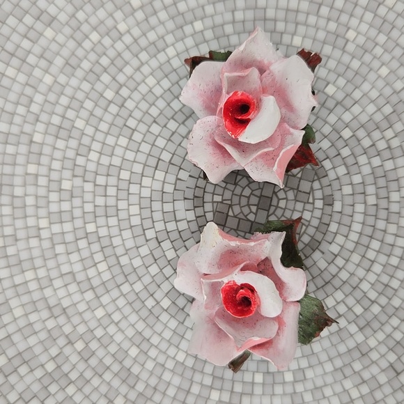 Vintage Rosette Clip Pink and Red Rose Earrings, Garden Party, Hamptons Chic - Picture 9 of 10